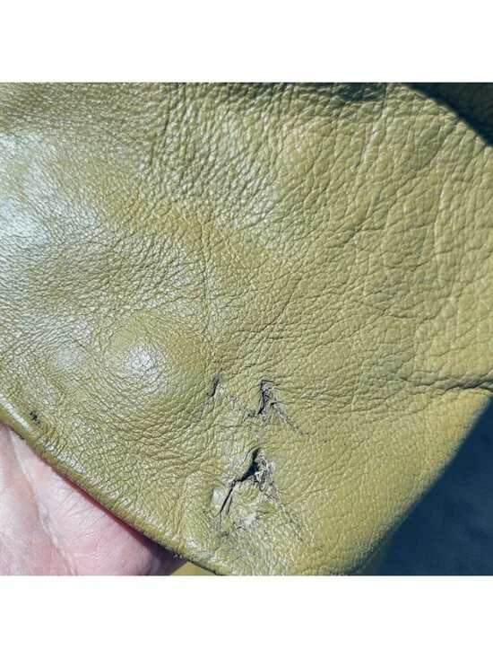 70s Light Yellow Green Leather Trench Coat Black Satin Lined Bespoke Women's M/L - Picture 3 of 13